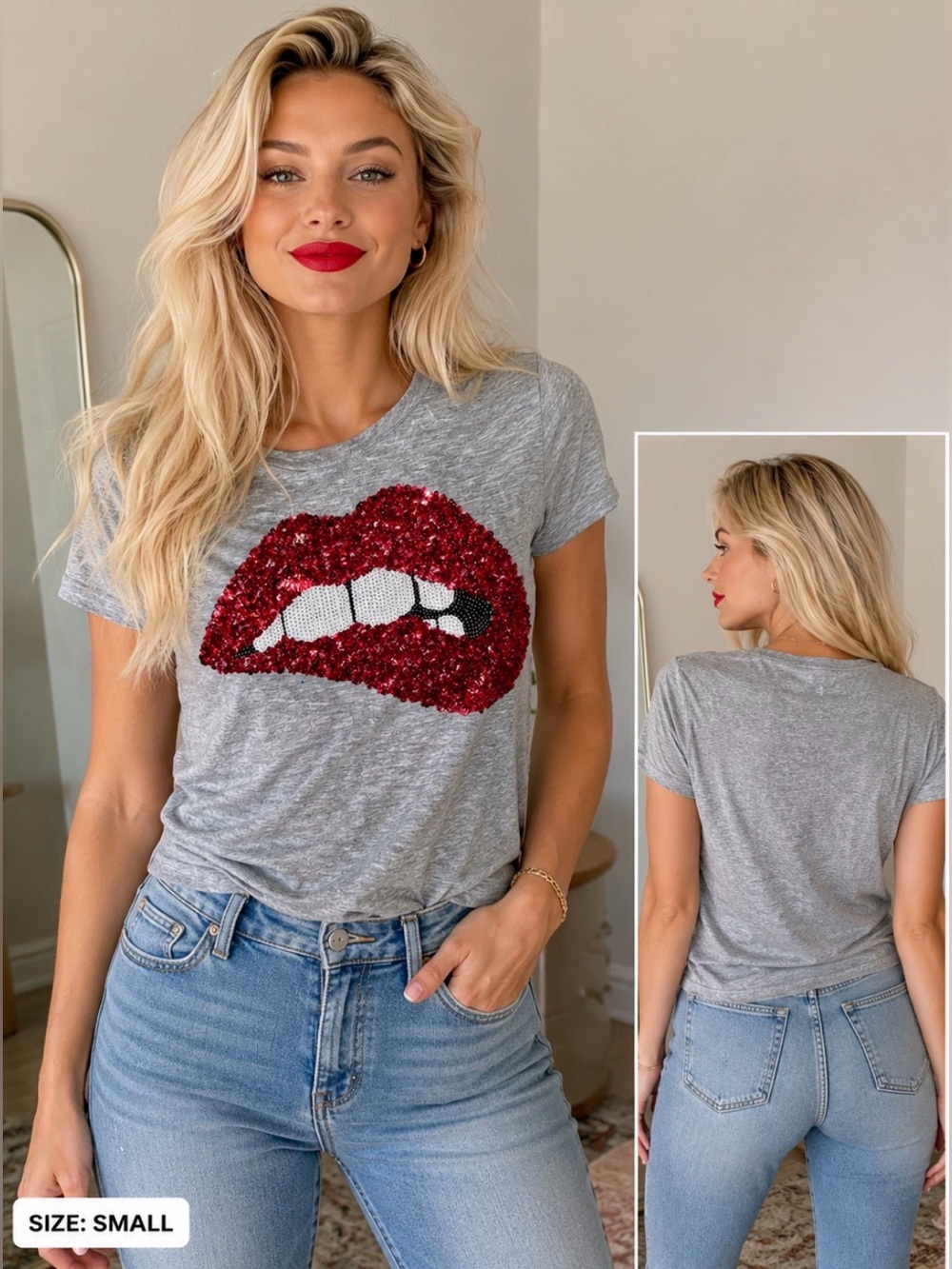 Gray Tee / Red Sequin Lip Motif - Size Small 💋